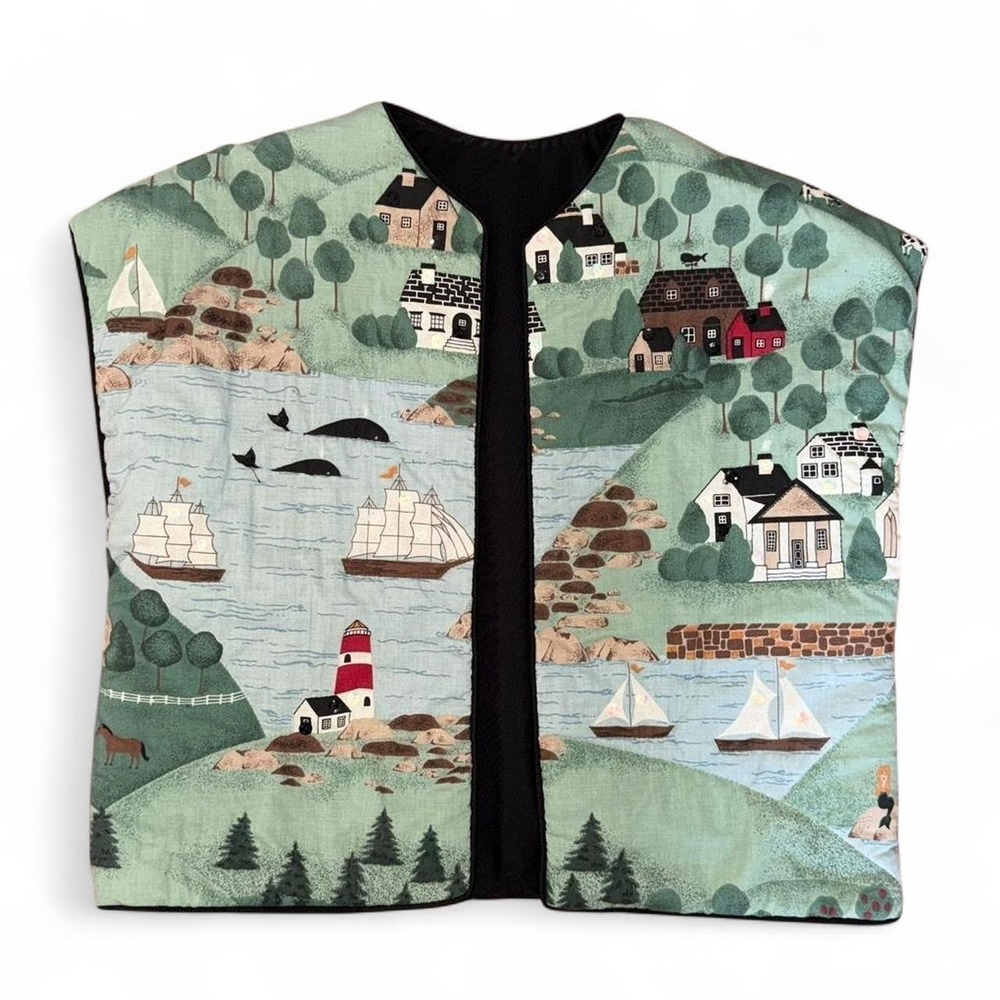 Rare vintage nautical quilted vest lake sailboat lighthouse one size